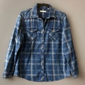 Orvis Western Chambray Button Down Shirt M Blue Plaid Denim Cotton Cowgirl